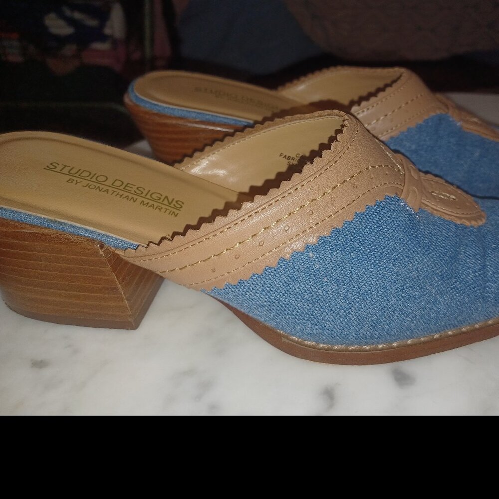 Studio Designs Women's Slip-On Heels 7M Denim Blue & Tan